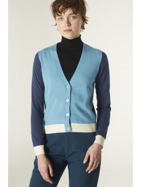 CHAQUETA DE PUNTO CON ESCOTE PICO DE COLOR BLOCK AZUL