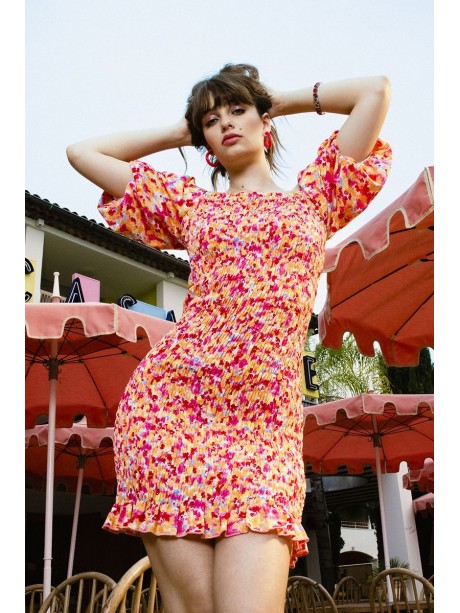 VESTIDO CORTO DE MANGA ABULLONADA CON ESTAMPADO