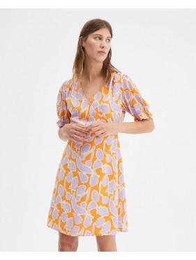 Vestido corto con manga abullonada y estampado de frutas